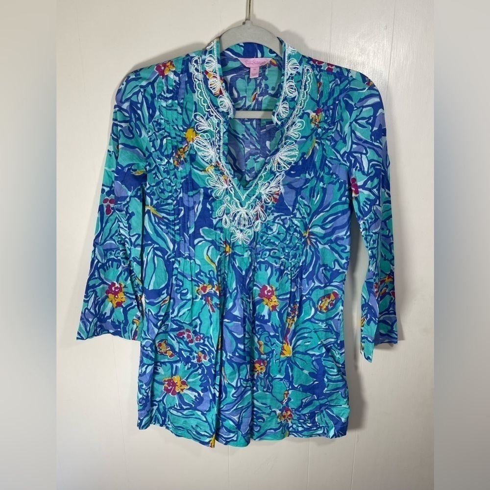 Lilly Pulitzer Sarasota Beaded Blue Iris Mai Tai Tunic Top XS coastal tropical